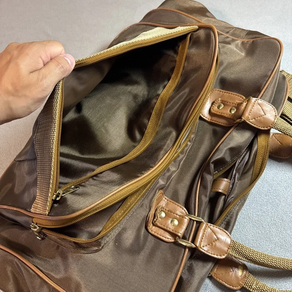 Vintage Kingport Brown Nylon Travel Duffel Bag Carry On Korea 19x14 Flaw